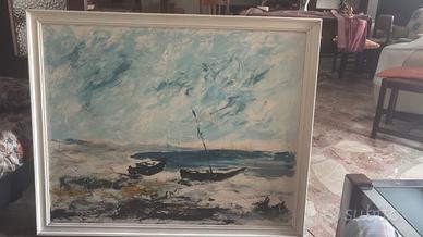 Quadro Grande Marina Barche Olio su Tela Cortese