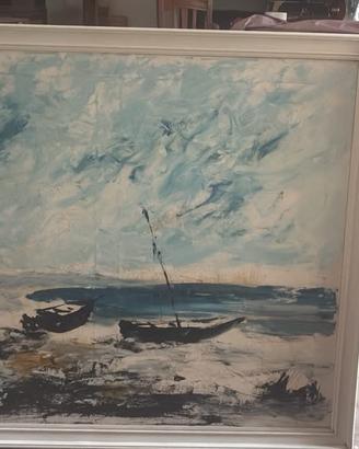 Quadro Grande Marina Barche Olio su Tela Cortese