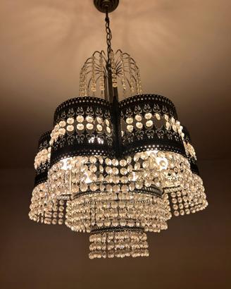 Lampadario Vintage in Cristallo e Metallo Lavorato