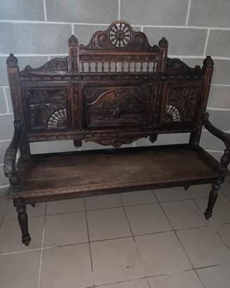 Panca D'Epoca Intagliata a Mano in Legno Massello