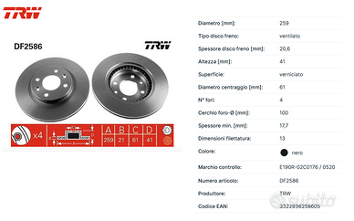2 dischi TRW DF2586 + 2 kit pastiglie FEBI 16191