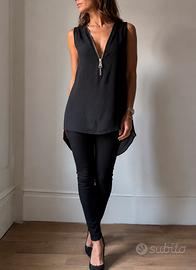 Nuovo top in chiffon elegante nero con cerniera
