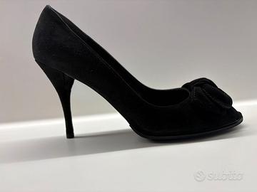 Scarpe eleganti camoscio nero spuntate, fiocco