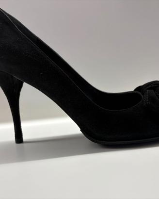Scarpe eleganti camoscio nero spuntate, fiocco