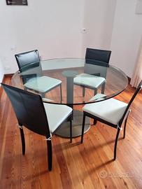 Tavolo in cristallo rotondo 130cm+4 sedie in pelle