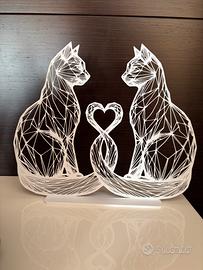 Scultura 3D Gatti innamorati con cuore Line Art
