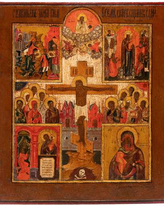 Antica Icona Russa "Crocifissione Quadripartita"