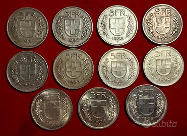 Lotto 11 monete argento da 5 franchi svizzeri 