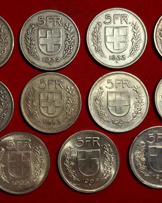 Lotto 11 monete argento da 5 franchi svizzeri 