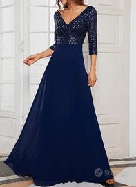 Abito elegante lungo blu scuro paillettes scollo V
