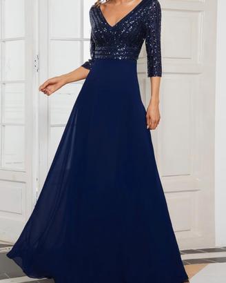 Abito elegante lungo blu scuro paillettes scollo V
