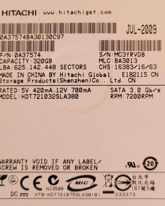 Hard Disk Meccanico Hitachi 320 Gb