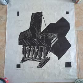Xilografia Cembalo 1995 firmata arte moderna 54x65
