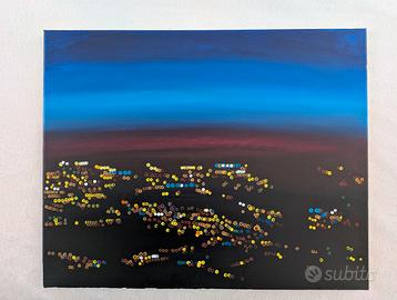 Dipinto astratto acrilico luci al crepuscolo cita