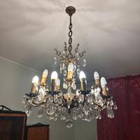 Lampadario oro con gocce in vetro anni 60