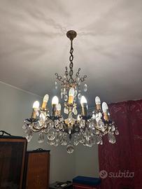 Lampadario oro con gocce in vetro anni 60