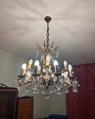 Lampadario oro con gocce in vetro anni 60