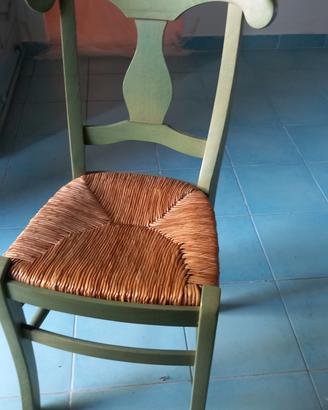 4 sedie di legno verde impagliate