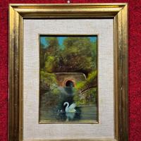 Dipinto paesaggio lacustre con cigno dipinto olio