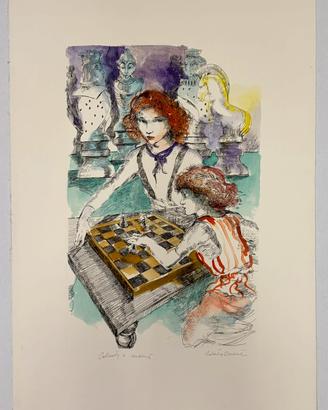 Quadro incisione, R. Correnti, partita a scacchi