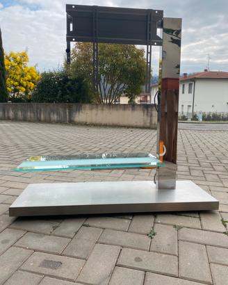 Porta TV in acciaio con mensola in vetro e ruote