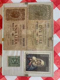 Banconota 1 lira ,2 lire ,1944,bollo, francobollo