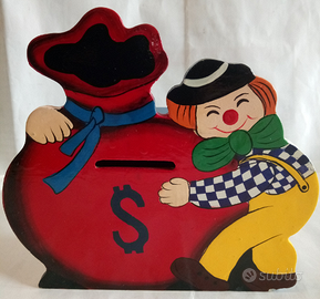 Salvadanaio in legno con clown pagliaccio in legno