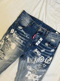 Jeans Denim Uomo con Stampe Graffiti Taglia 50 IT