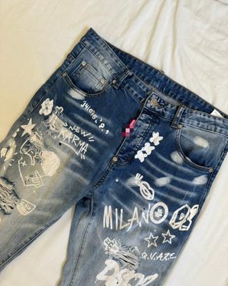 Jeans Denim Uomo con Stampe Graffiti Taglia 50 IT