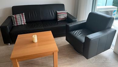 Divano letto e poltrona in pelle nera (set)