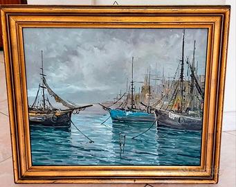 Quadro con barche dipinto a olio firmato.