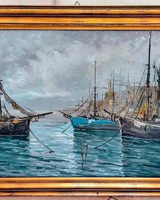 Quadro con barche dipinto a olio firmato.