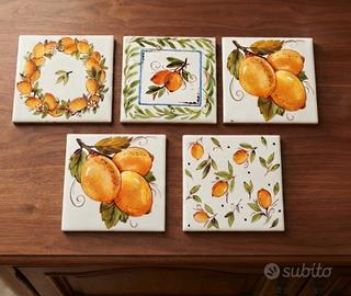 5 piastrelle di ceramica 10x10 con decoro limoni