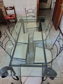 Tavolo in vetro e ferro battuto con 6 sedie
