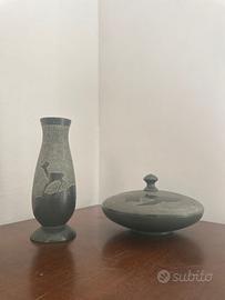 Set decorativo etnico: vaso e contenitore inciso