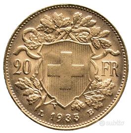 SVIZZERA  20 Francs ORO MARENGO 1935