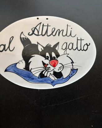 Targhetta attanto al gatto dipinta a mano ceramica