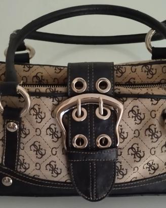 Borsa a mano GUESS in tessuto grigio e pelle nera.