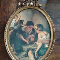 Antica cornice ovale con stampa d'epoca