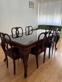Tavolo vintage del 900 in legno e vetro + 6 sedie