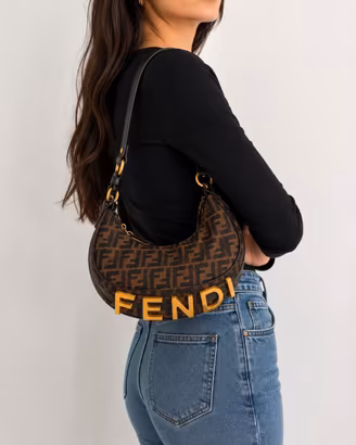 Borsa a spalla marrone con monogram e dettagli dor