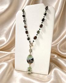 Collana con crisoprasio, smeraldi, agata, fluorite