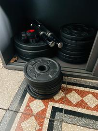 Pesi palestra: manubri, dischi, kettlebell, panca.