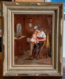 Dipinto olio su tavoletta "Coccole "