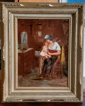 Dipinto olio su tavoletta "Coccole "