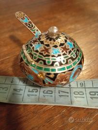 Saliera asiatica vintage, argento, cloisonné.