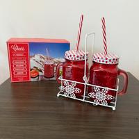 Set 2 barattoli con cannuccia e stand in metallo