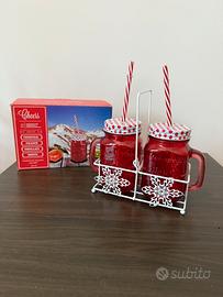 Set 2 barattoli con cannuccia e stand in metallo