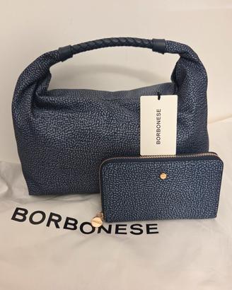 Borbonese Borsa a spalla + portafoglio blu lapis