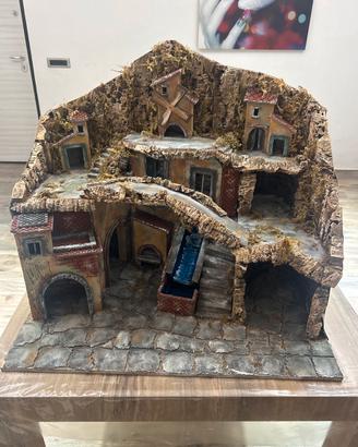 Presepe artigianal scenogr con mulino fatto a mano